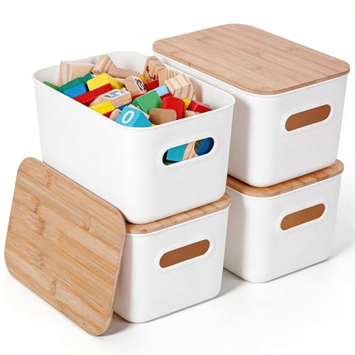 Citylife 7 QT Storage Bins with Bamboo Lids, Stackable with Handles, 4-Pack