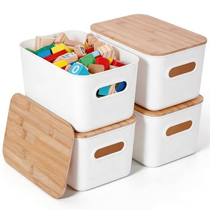 Citylife 7 QT Storage Bins with Bamboo Lids, Stackable with Handles, 4-Pack