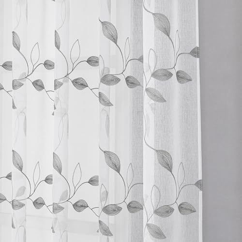 Tollpiz Grey Leaf Sheer Tier Curtains Kitchen 30 x 24 Inches - color: Grey, size: 30"W x 24"L (Pack of 2)
