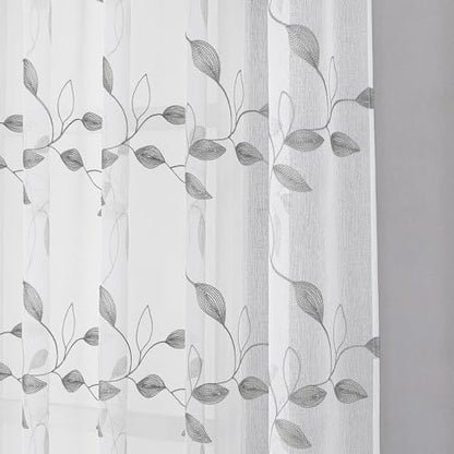 Tollpiz Grey Leaf Sheer Tier Curtains Kitchen 30 x 24 Inches - color: Grey, size: 30"W x 24"L (Pack of 2)