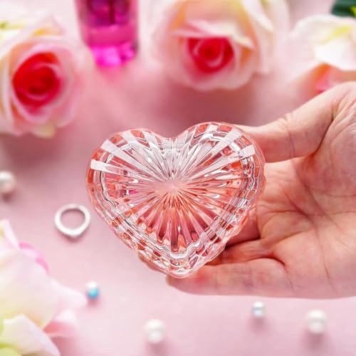 Glass Heart Shaped Jewelry Box with Lid, Ring Earring Trinket Storage Box - color: Pink