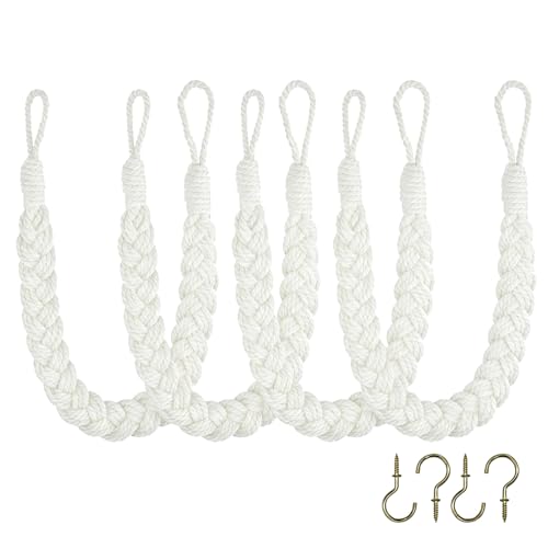 Home Queen Hand Braided Curtain Tie Back, Buckle Holdback Drapery Curtain Tiebacks, 4 Rope Cotton Belt Curtain Tie with 4 Metal Hooks, White - color: White, size: 4PC