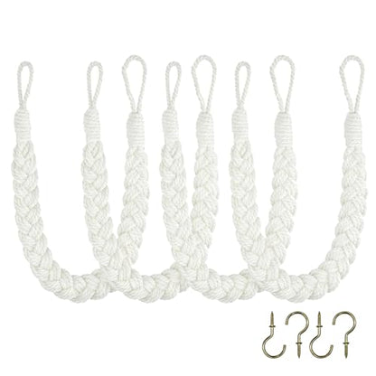 Home Queen Hand Braided Curtain Tie Back, Buckle Holdback Drapery Curtain Tiebacks, 4 Rope Cotton Belt Curtain Tie with 4 Metal Hooks, White - color: White, size: 4PC