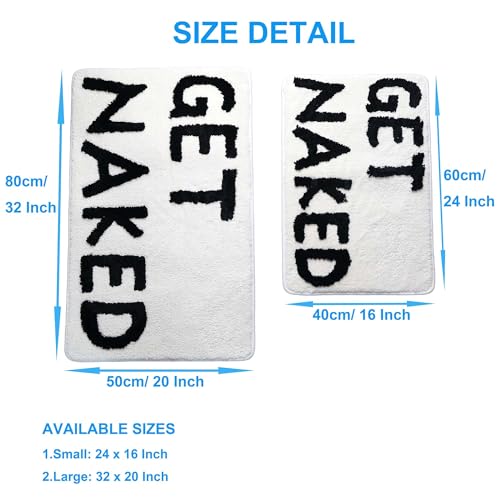 Get Naked Bath Mat, Soft Microfiber Bathroom Rug, Non-Slip TPR Backing, Ultra Absorbent Washable Bath Rug for Shower Tub Sink Bedroom Kitchen Indoor Home Decor, 24x16 Inch White & Black - color: White Base & Black Words, size: 23.6" x 15.7" (Rectangular)