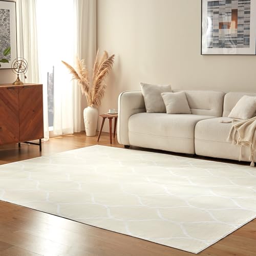 Amazon Basics Thin Indoor Area Rug, Geometric Printed Washable Home Decor Carpet for Living Room Bedroom, 6' W × 9' L, Beige Geometric - color: Beige Geometric, size: 6' x 9' (Rectangular)