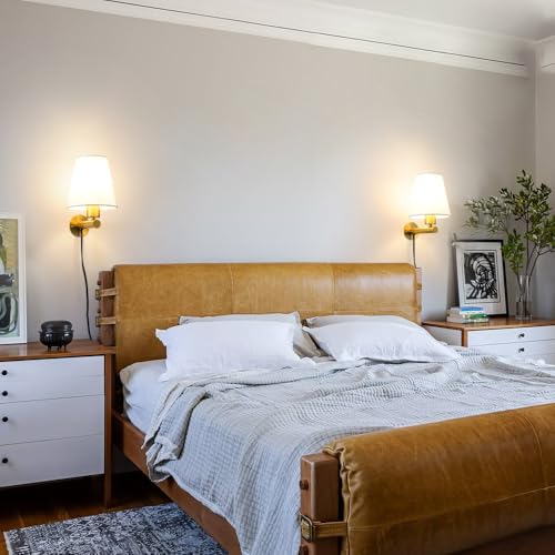 Gold Plug in Wall Sconces Set of Two, Brass Wall Sconce Lights for Bedroom Plug in, Wall Lamp with On/Off Switch Cord, Bedside Plugged Wall Mounted Light with Fabric Linen, Wall Decor for Living Room - color: Gold, size: 6.3in-B