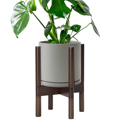 D'vine Dev Ceramic Pot with Walnut Wood Stand, Grey, 8 in, 55-B-Y-3 - color: Grey Pot + Walnut Color Stand, size: 8 Inch
