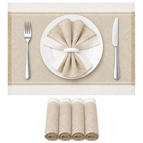 Placemats Set of 6, 13.8 x 17.7 Inch, Polyester, Jacquard Woven - color: Polyester-13.8 X 17.7inch-natural Beige