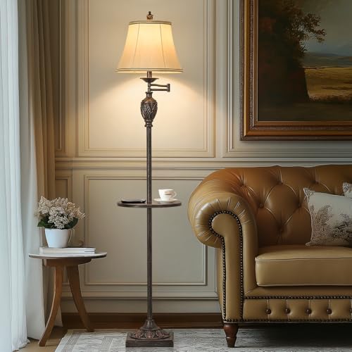 Traditional Floor Lamp withTray,Remote Dimmable,350°Swing Arm,Antique Black - color: Antique black-13