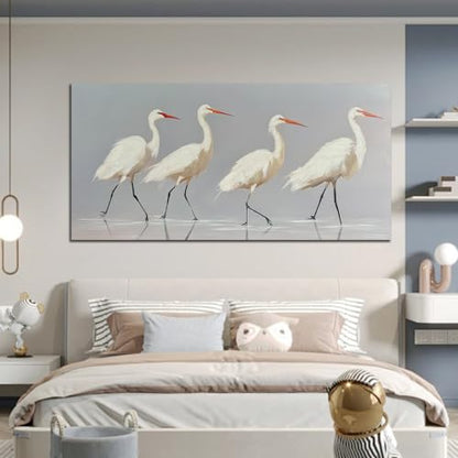 SSNEEKNDG White Heron Wall Art Bird Painting Animal Texture Artwork 29"x58" - size: 29"L x 58"W