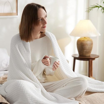 Bedsure 100% Cotton Throw Blanket for Couch, Waffle Weave, White, 50"x70" - color: 01 White, size: Throw XL (50" X 70")