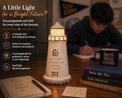 DAILYBREAD Christian Lighthouse Lamp – Small Ceramic Night Light with Bible Verse, Inspirational Faith Gift for Kids, Students,Baptism,Birthday,Journey,Warm Light Up Decor for Bed Room or Desk 5" H - color: guider