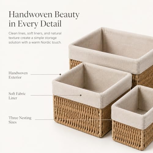 Wicker Storage Baskets Set of 3, Bathroom & Shelf Bins - size: Small without Lids
