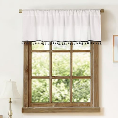 Oindec Faux Linen Kitchen Valances with Tassels, White, 54x15 inch - color: Black