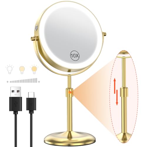 Benbilry 7" Lighted Makeup Mirror with 3 Color Lights & 10X Magnification, Adjustable Brightness & Height, 360° Swivel Rechargeable 10X LED Magnifying Vanity Mirror with Light, Gold - color: Gold