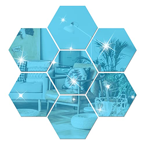 DIY Wall Decals Acrylic Mirror Sticker Set 12 Pcs, Hexagon Mirror Wall Stickers for Living Room Bedroom Decor (Blue) - color: Blue, size: 20*17*10cm