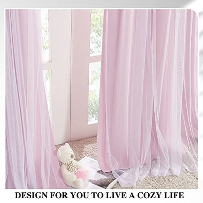 Light Pink Blackout Curtains with White Sheer Overlay for Girls Bedroom - color: Light Pink, size: 52"W x 63"L (Pack of 2)