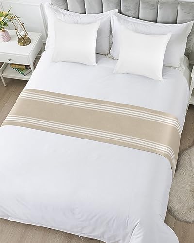 Bed Runner for Queen Size Bed, Beige Striped Bed Scarf Throws for Foot of Bed, Farmhouse Luxurious White Stripes Modern Abstract Art Luxury Bedding Protector Bed Runners for Hotel/Home, 83 x 20 Inch - size: 83 x 20 inches(Queen)