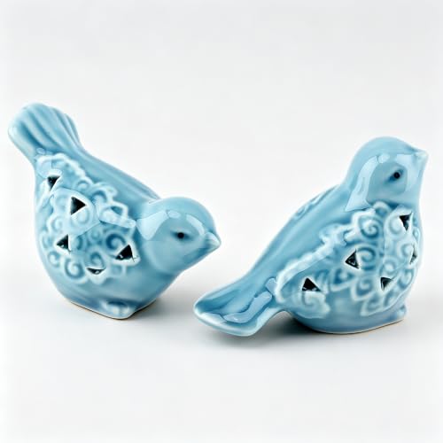 Ceramic Bird Figurines Set of 2, Blue Bird Decor for Shelf Table Desk