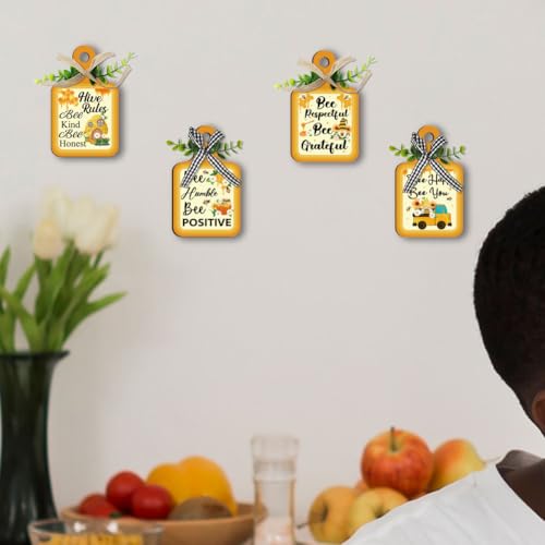 PH PandaHall 4 Styles Bee Wooden Sign, Wall Decor Eat Wood Cutting Board Sign Yellow Hive Rules Farmhouse Tiered Tray with Hemp Rope Hanging Wall Decor for Home Kitchen Dining Living Room Bar - style: Bee