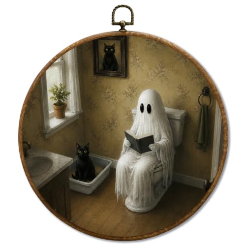 JUIOEIU Halloween Ghost Reading Black Cat Bathroom Round Wall Decor 996 - color: Bathroom ghost
