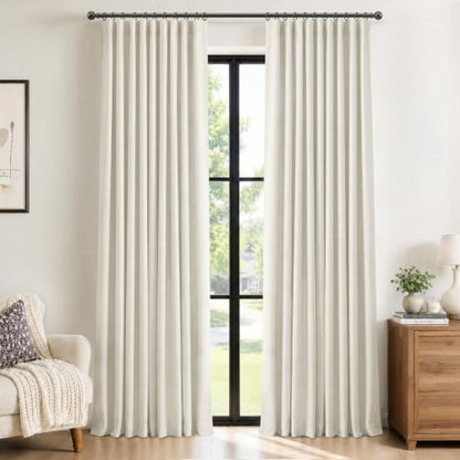 100% Blackout Shield Linen Textured Total Blackout Curtains 90 Inches Long - color: Alba | Beige White, size: 50"W x 90"L (Pack of 2)