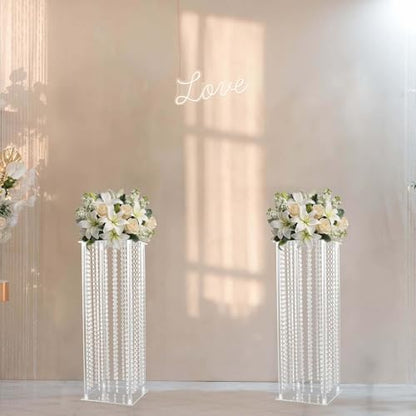 Efavormart 32" Heavy Duty Acrylic Flower Pedestal Vase with Hanging Crystal Beads, Clear Pillar Stand Wedding Table Centerpieces with Pre-Chained Garlands - 5mm Thick Plates - size: 32‘’x11''