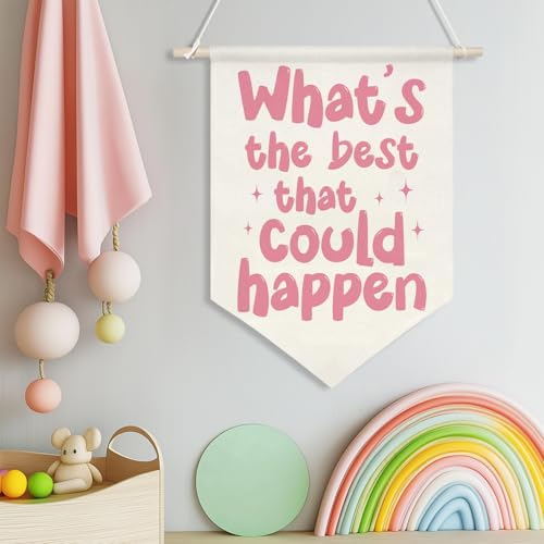Motivational Quote Canvas Wall Banner – What’s the Best That Could Happen,Retro Pink Inspirational Poster, Wall Hanging Canvas Flag with Wooden Rod for Teen Girl Room, Dorm, Office, Classroom Decor, 11x16 Inch(KD06) - color: KD06