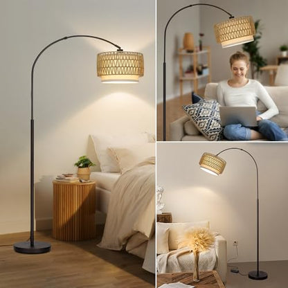 Rattan Floor Lamp, Dimmable Arc Floor Lamps with Adjustable Head - color: Black Base with Rattan Shade