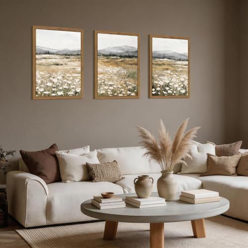 3Pcs Framed Neutral Wildflower Landscape Canvas Wall Art, Vintage Beige Nature Wall Decor Pictures, Rustic Farmhouse Floral Meadow Paintings Prints for Living Room Bedroom Office 16x12 Inch - color: White Wildflower, size: 16"L x 12"W