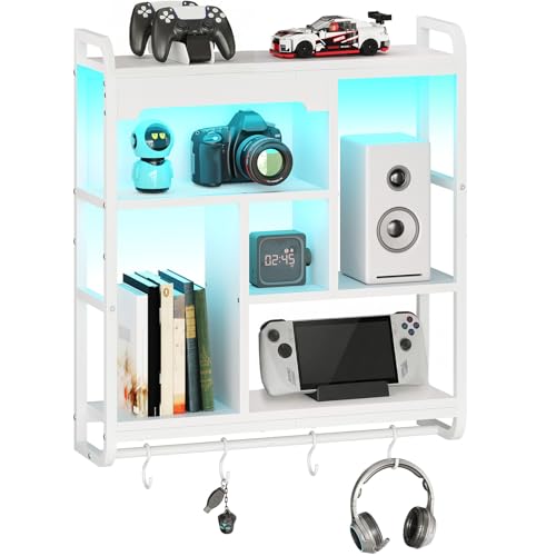 HOOBRO Gaming Floating Shelves for Wall, 26.4" LED wall Shelf Display Rack - color: White