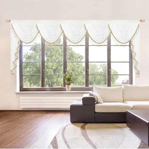 VOGOL Sheer White Waterfall Valance with Beaded Tassels, 138 x 43, 1 Panel - color: White-beaded, size: 138"W x 43"L (Pack of 1)