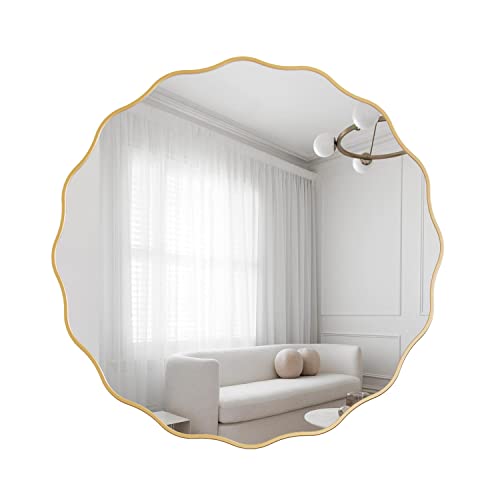 20" Gold Scalloped Mirror,Round Wavy Edge Mirror,Circle Wood Vanity Mirror