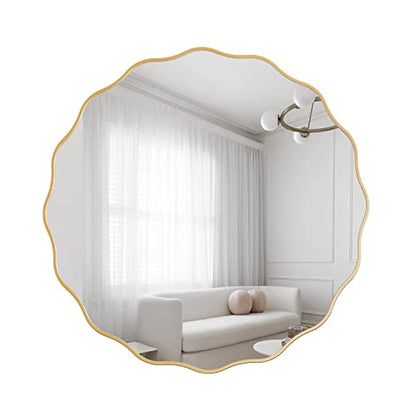 20" Gold Scalloped Mirror,Round Wavy Edge Mirror,Circle Wood Vanity Mirror