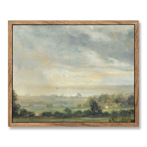 ElfLuna Wood Framed Canvas, Vintage Green Grassland Landscape Print - color: High cloudy sky, size: 10"L x 8"W