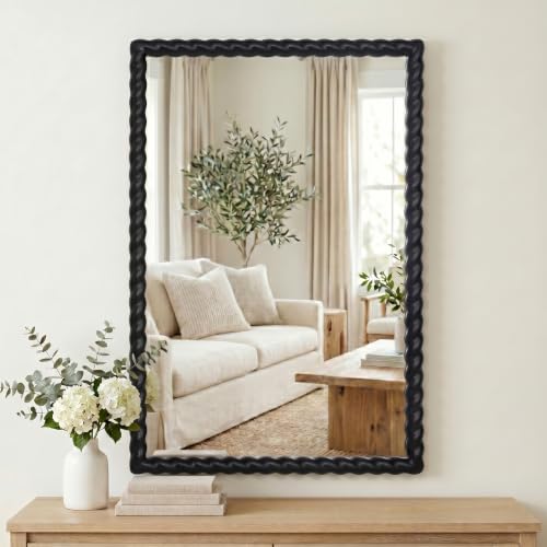 36"x24" Rectangular Solid Wood Farmhouse Decorative Wall Mirror - color: Black, size: 36"L x 24"W