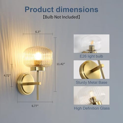 Hardwired Gold Wall Sconces Set of 2, Up/Down Adjustable Modern Wall Light Fixtures with Ribbed Glass Shade for Bedroom Bathroom Hallway - color: Gold-AC