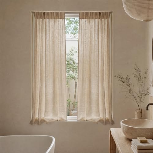 Warm Beige Sheer Linen Curtains for Living Room Bedroom 54 Inches Long - color: Warm Beige, size: 35"W x 54"L (Pack of 2)