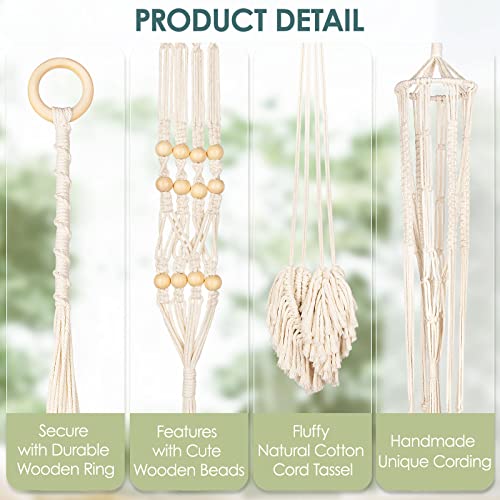 Macrame Plant Hanger Indoor Set of 4, Bohemian Hanging Planter with Tassels - color: Beige