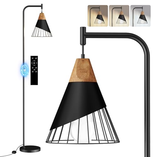 67" Industrial Floor Lamp with Wood & Black Metal Shade, Modern Standing Lamp, Rustic Farmhouse Tall Lamp for Living Room Bedroom Office, 2700K Bulb & Foot Switch Included (Black + Remote Control) - color: Black + Remote Control