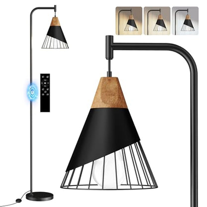 67" Industrial Floor Lamp with Wood & Black Metal Shade, Modern Standing Lamp, Rustic Farmhouse Tall Lamp for Living Room Bedroom Office, 2700K Bulb & Foot Switch Included (Black + Remote Control) - color: Black + Remote Control