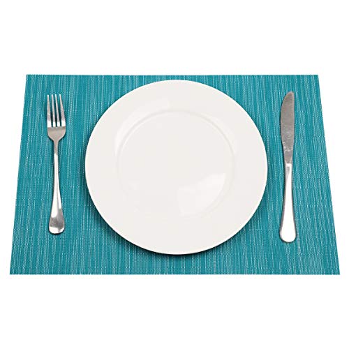 SHACOS Teal Blue Placemats Set of 8 Woven Vinyl Place Mats Easy Clean Dry - color: Teal Blue, size: Set of 8
