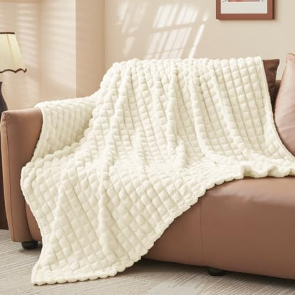 BEDELITE 3D Checked Cream Fleece Throw Blanket for Couch, 50x60 Inches - color: Cream White, size: Throw(50"x60")