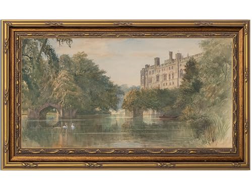 Yuantulan Vintage Castle River Landscape Wall Art Antique Gold Framed Print - color: Swan Castle
