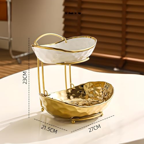 XUDREZ 2 Tier Fruit Bowl with Metal Stand, Ceramic, Gold - color: Gold, 2 Tier