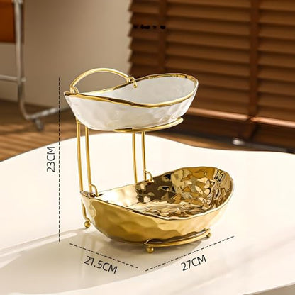 XUDREZ 2 Tier Fruit Bowl with Metal Stand, Ceramic, Gold - color: Gold, 2 Tier