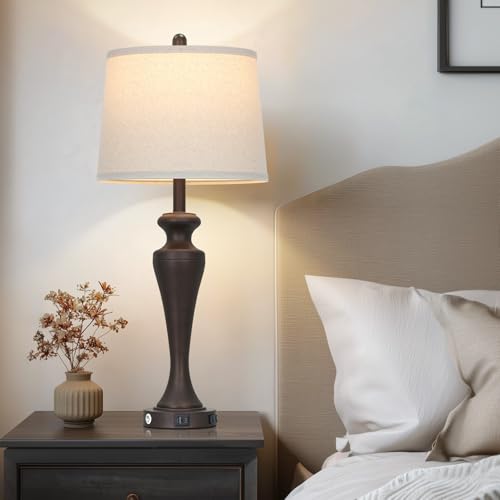 30" Brown Table Lamps Set of 2, 3-Way Touch Control Bedside Lamp with USB A+C Ports and AC Outlet, Tall Living Room Lamps for End Table, Elegant Coffee Bedroom Lamp for Night Stand - color: Brown