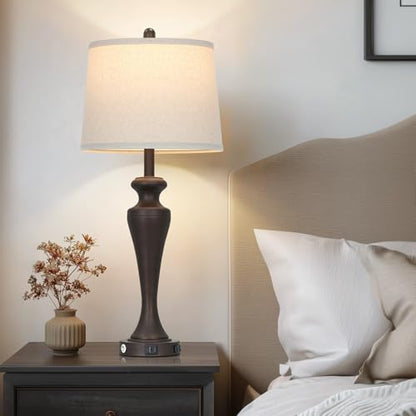 30" Brown Table Lamps Set of 2, 3-Way Touch Control Bedside Lamp with USB A+C Ports and AC Outlet, Tall Living Room Lamps for End Table, Elegant Coffee Bedroom Lamp for Night Stand - color: Brown