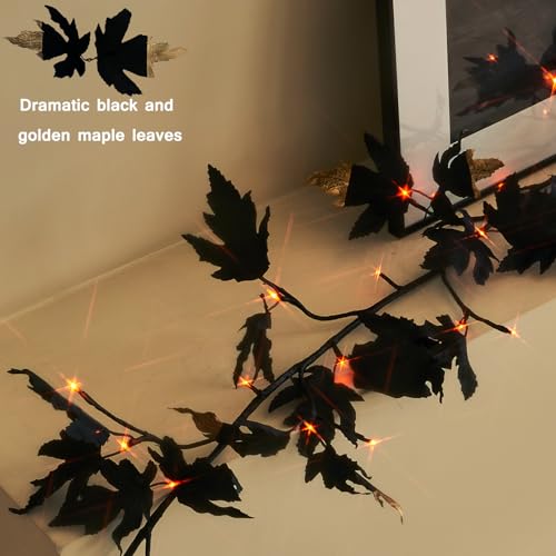 LITBLOOM Halloween Garland with Lights 6FT Battery Operated with Timer, Lighted Black Maple Garland with 48 Orange and Warm White LED Lights for Home Fireplace Mantle Table Fall Halloween Decoration - style: Black Maple