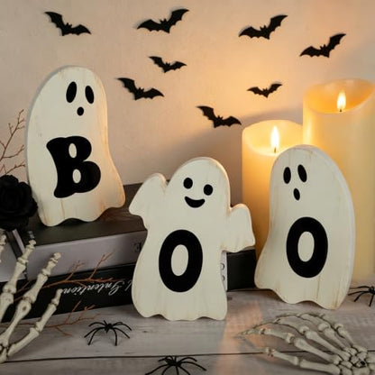 3 Pcs Halloween Table Decorations Indoor Halloween Ghost Decorations Wooden Boo Signs Rustic Halloween Table Centerpiece for Home Shelf Mantel Tabletop Windowsill Party